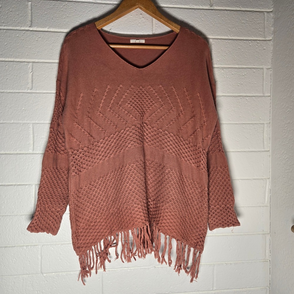 Easel Womens Oversized Fringe Hem Sweater Terracotta M/L Western Rodeo Fall Boho